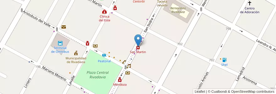 Mapa de ubicacion de San Martin en 아르헨티나, 칠레, Mendoza, Departamento Rivadavia, Distrito Ciudad De Rivadavia.