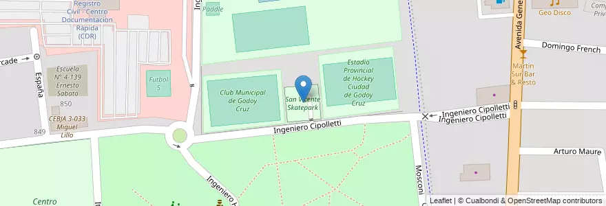 Mapa de ubicacion de San Vicente Skatepark en アルゼンチン, チリ, メンドーサ州, Godoy Cruz, Departamento Godoy Cruz, Distrito Ciudad De Godoy Cruz.