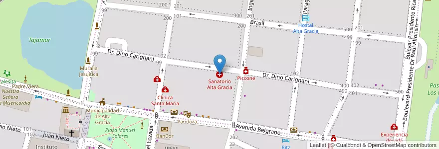 Mapa de ubicacion de Sanatorio Alta Gracia en 아르헨티나, Córdoba, Departamento Santa María, Pedanía Alta Gracia, Municipio De Alta Gracia, Alta Gracia.