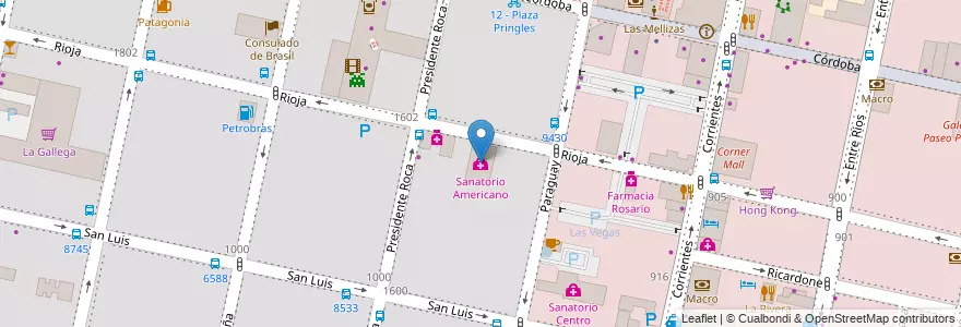 Mapa de ubicacion de Sanatorio Americano en アルゼンチン, サンタフェ州, Departamento Rosario, Municipio De Rosario, ロサリオ.