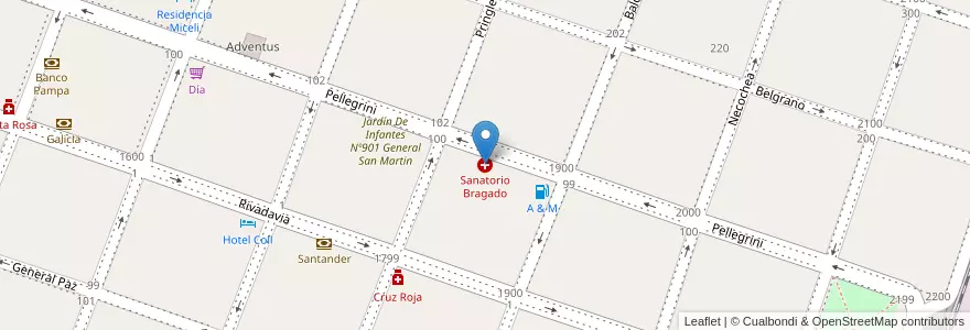 Mapa de ubicacion de Sanatorio Bragado en 아르헨티나, 부에노스아이레스주, Partido De Bragado, Bragado.