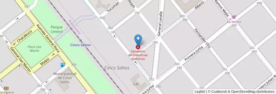 Mapa de ubicacion de Sanatorio de Industrias Quìmicas en アルゼンチン, チリ, リオネグロ州, Municipio De Cinco Saltos, Departamento General Roca.
