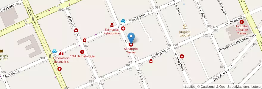 Mapa de ubicacion de Sanatorio Trelew en Arjantin, Chubut, Trelew, Departamento Rawson.