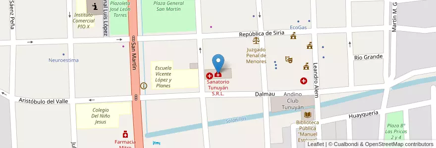 Mapa de ubicacion de Sanatorio Tunuyán S.R.L. en Argentinië, Chili, Mendoza, Departamento Tunuyán, Distrito Ciudad De Tunuyán.