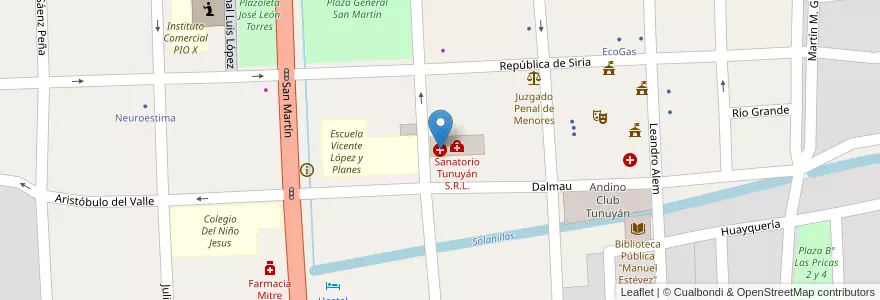 Mapa de ubicacion de Sanatorio Tunuyán S.R.L. en 아르헨티나, 칠레, Mendoza, Departamento Tunuyán, Distrito Ciudad De Tunuyán.
