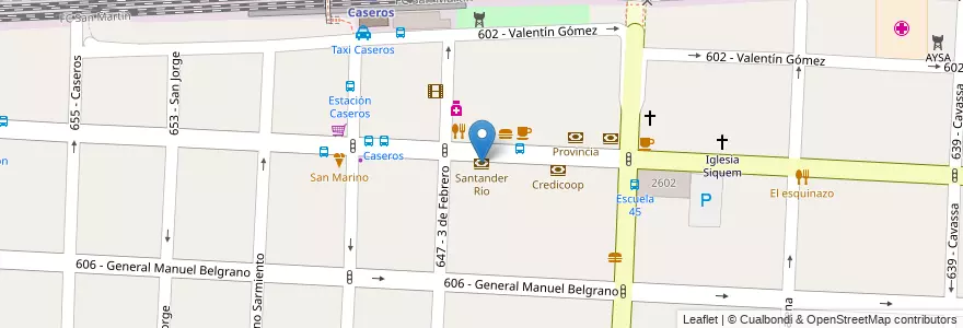 Mapa de ubicacion de Santander Río en الأرجنتين, بوينس آيرس, Partido De Tres De Febrero, Caseros.