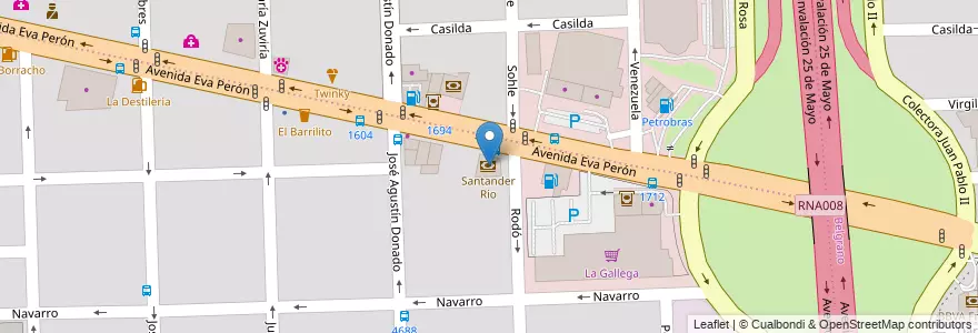 Mapa de ubicacion de Santander Río en Argentinië, Santa Fe, Departamento Rosario, Municipio De Rosario, Rosario.