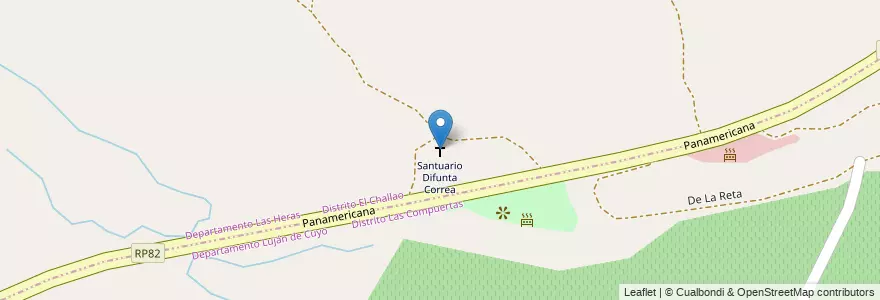 Mapa de ubicacion de Santuario Difunta Correa en Arjantin, Şili, Mendoza, Departamento Las Heras, Distrito Las Compuertas, Distrito El Challao, Luján De Cuyo.