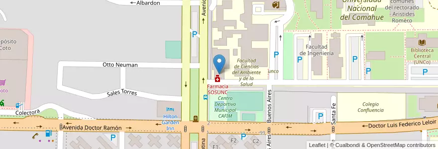 Mapa de ubicacion de Servicio de Obra Social de la Universidad del Comahue (SOSUNC) en آرژانتین, شیلی, استان نئوکن, Departamento Confluencia, Municipio De Neuquén, Neuquén.