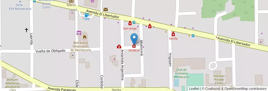 Mapa de ubicacion de Sindical en 阿根廷, Misiones, Departamento Montecarlo, Municipio De Montecarlo, Montecarlo.