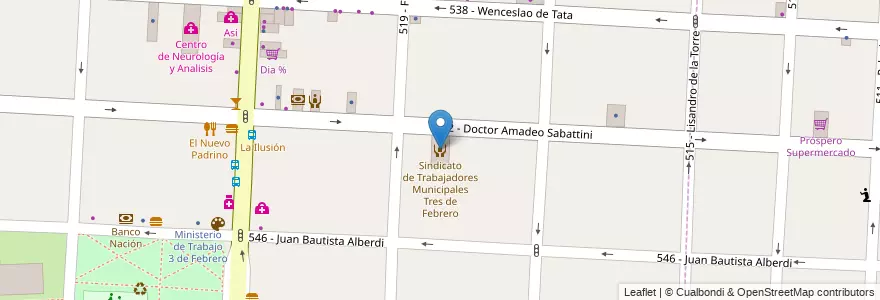 Mapa de ubicacion de Sindicato de Trabajadores Municipales Tres de Febrero en アルゼンチン, ブエノスアイレス州, Partido De Tres De Febrero, Caseros.