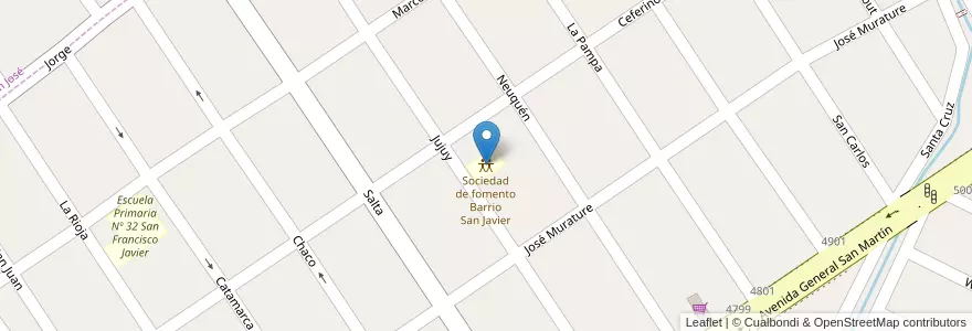 Mapa de ubicacion de Sociedad de fomento Barrio San Javier en アルゼンチン, ブエノスアイレス州, Partido De Almirante Brown, Rafael Calzada.