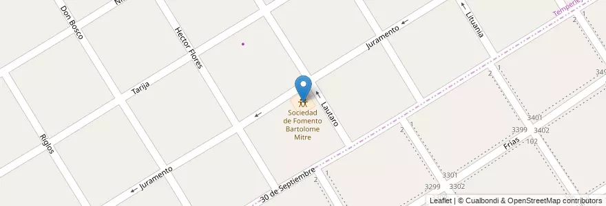 Mapa de ubicacion de Sociedad de Fomento Bartolome Mitre en Arjantin, Buenos Aires, Partido De Lomas De Zamora, Partido De Almirante Brown, Temperley.