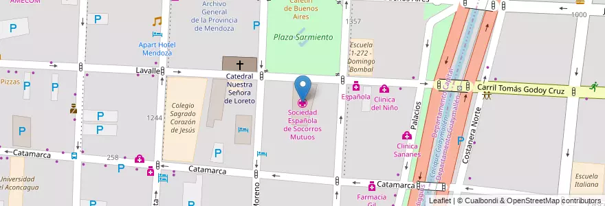 Mapa de ubicacion de Sociedad Española de Socorros Mutuos en アルゼンチン, チリ, メンドーサ州, Departamento Capital, Ciudad De Mendoza, Sección 3ª Parque O'Higgins.