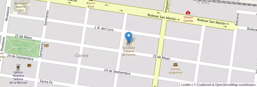 Mapa de ubicacion de Sociedad Italiana de Correa en آرژانتین, سانتافه, Departamento Iriondo, Municipio De Correa, Correa.