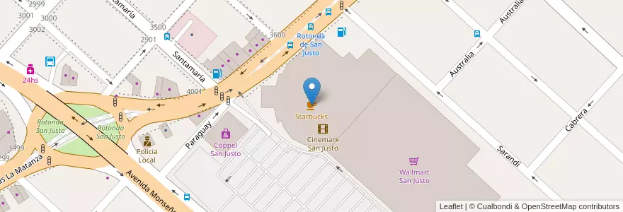Mapa de ubicacion de Starbucks en アルゼンチン, ブエノスアイレス州, Partido De La Matanza, San Justo.