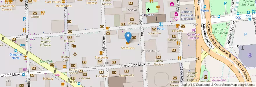 Mapa de ubicacion de Starbucks, San Nicolas en 아르헨티나, Ciudad Autónoma De Buenos Aires, Comuna 1, 부에노스아이레스.