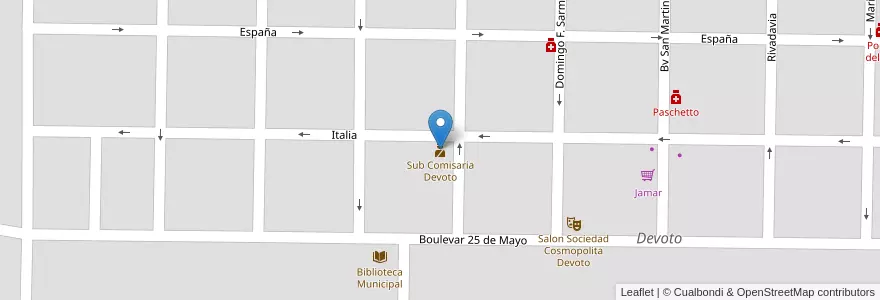 Mapa de ubicacion de Sub Comisaria Devoto en Argentina, Córdoba, Departamento San Justo, Pedanía Juárez Celman, Municipio De Devoto, Devoto.