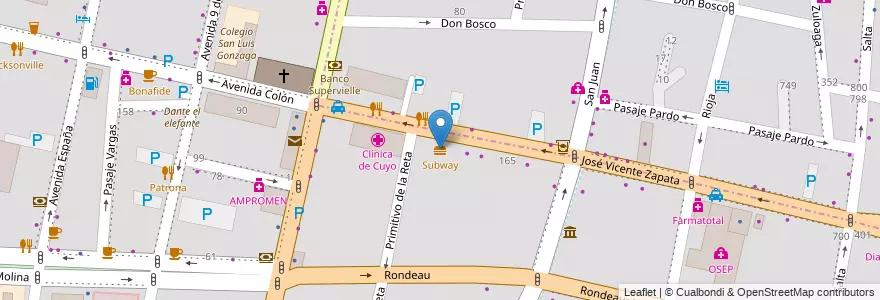 Mapa de ubicacion de Subway en 아르헨티나, 칠레, Mendoza, Departamento Capital, Sección 2ª Barrio Cívico, Ciudad De Mendoza.