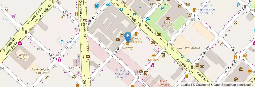 Mapa de ubicacion de Subway, Casco Urbano en 阿根廷, 布宜诺斯艾利斯省, Partido De La Plata, La Plata.