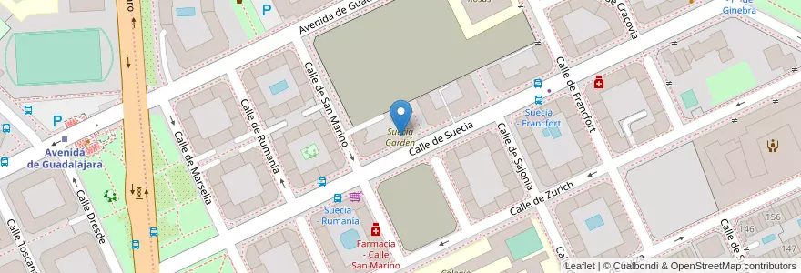 Mapa de ubicacion de Suecia Garden en 西班牙, Comunidad De Madrid, Comunidad De Madrid, Área Metropolitana De Madrid Y Corredor Del Henares, Madrid.