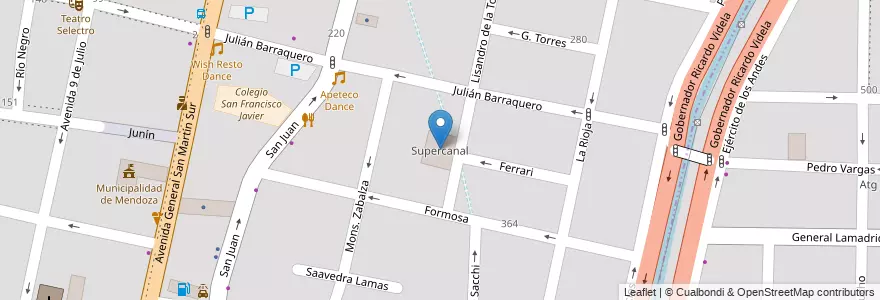 Mapa de ubicacion de Supercanal en Argentinien, Chile, Mendoza, Departamento Capital, Ciudad De Mendoza.