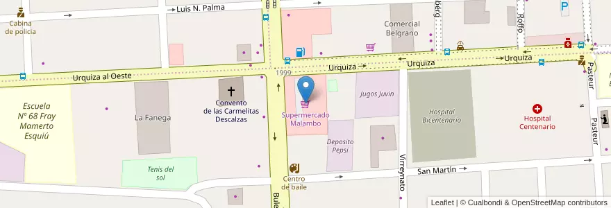 Mapa de ubicacion de Supermercado Malambo en الأرجنتين, إنتري ريوس, Departamento Gualeguaychú, Gualeguaychú, Gualeguaychú, Distrito Costa Uruguay Sur.