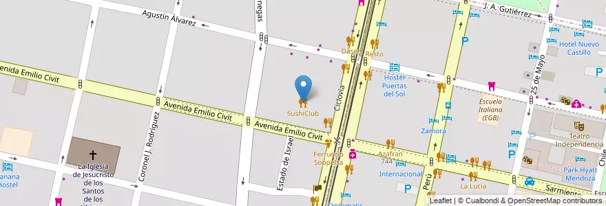 Mapa de ubicacion de SushiClub en Argentinië, Chili, Mendoza, Departamento Capital, Ciudad De Mendoza, Sección 5ª Residencial Sur.