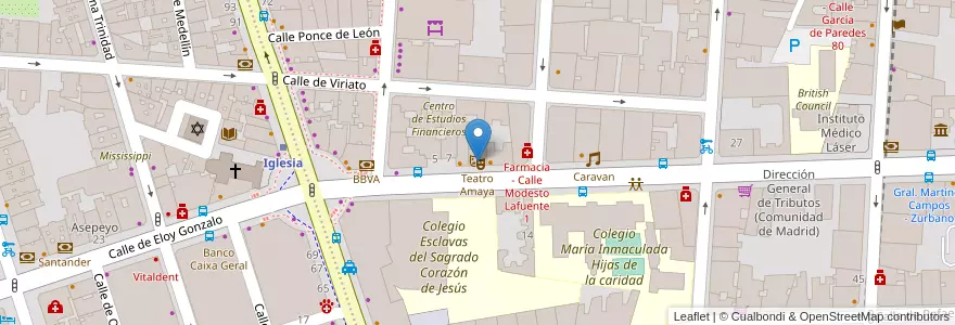 Mapa de ubicacion de Teatro Amaya en اسپانیا, بخش خودمختار مادرید, بخش خودمختار مادرید, Área Metropolitana De Madrid Y Corredor Del Henares, مادرید.