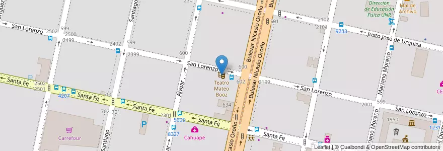 Mapa de ubicacion de Teatro Mateo Booz en アルゼンチン, サンタフェ州, Departamento Rosario, Municipio De Rosario, ロサリオ.