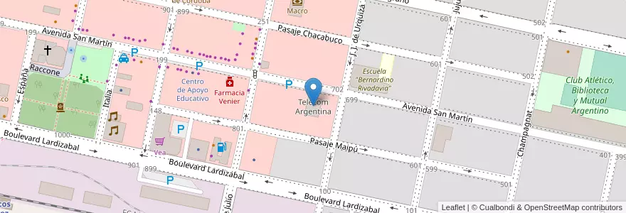 Mapa de ubicacion de Telecom Argentina en Argentina, Córdoba, Departamento Marcos Juárez, Pedanía Espinillos, Municipio De Marcos Juárez.