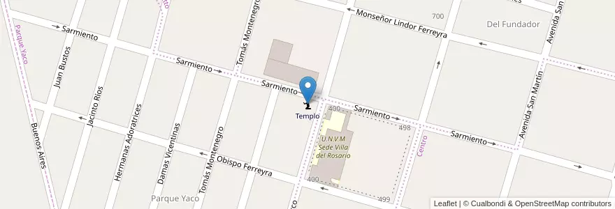 Mapa de ubicacion de Templo en Аргентина, Кордова, Departamento Río Segundo, Pedanía Villa Del Rosario, Municipio De Villa Del Rosario, Villa Del Rosario.