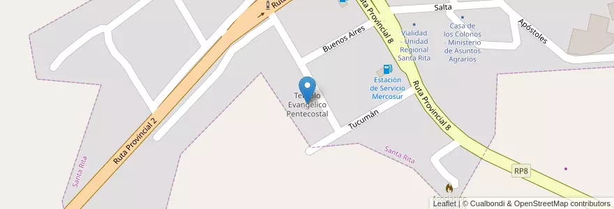 Mapa de ubicacion de Templo Evangelico Pentecostal en Argentinien, Misiones, Departamento Veinticinco De Mayo, Municipio De Alba Posse, Santa Rita.