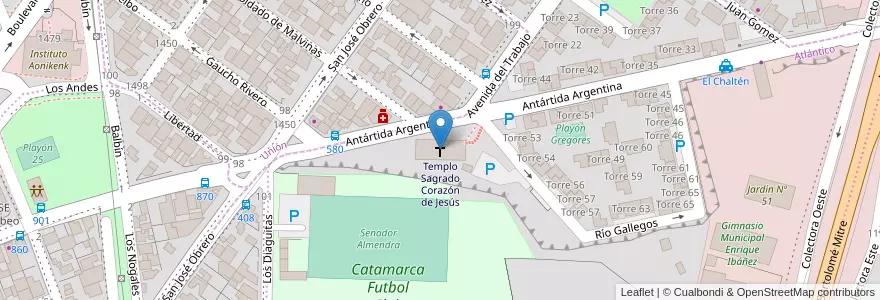 Mapa de ubicacion de Templo Sagrado Corazón de Jesús en アルゼンチン, チリ, サンタクルス州, Deseado, Caleta Olivia.
