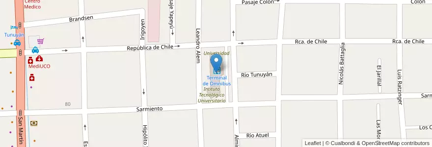 Mapa de ubicacion de Terminal de Ómnibus en アルゼンチン, チリ, メンドーサ州, Departamento Tunuyán, Distrito Ciudad De Tunuyán.