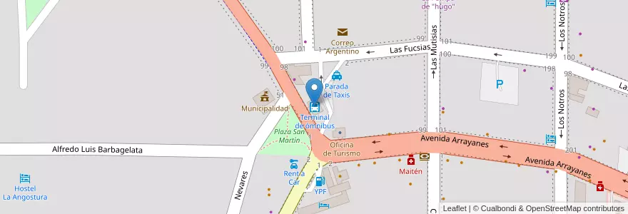 Mapa de ubicacion de Terminal de ómnibus en Arjantin, Şili, Neuquén, Departamento Los Lagos, Villa La Angostura, Villa La Angostura.