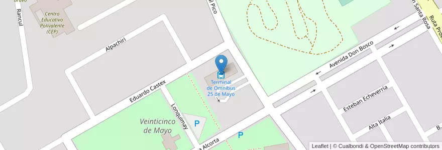 Mapa de ubicacion de Terminal de Omnibus 25 de Mayo en アルゼンチン, チリ, ラ・パンパ州, Veinticinco De Mayo, Departamento Puelén, Municipio De Veinticinco De Mayo.