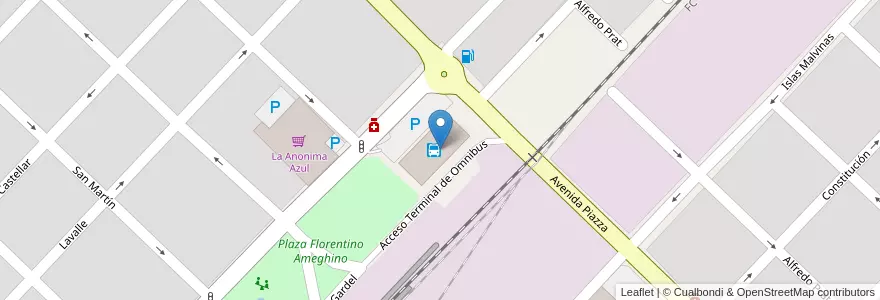 Mapa de ubicacion de Terminal de Ómnibus en Arjantin, Buenos Aires, Partido De Azul.