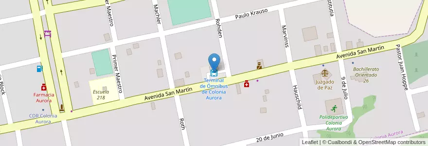 Mapa de ubicacion de Terminal de Ómnibus de Colonia Aurora en アルゼンチン, ミシオネス州, Departamento Veinticinco De Mayo, Municipio De Colonia Aurora, Colonia Aurora.