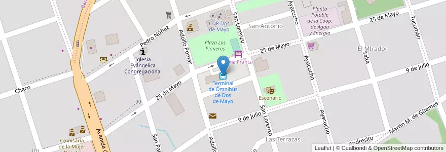 Mapa de ubicacion de Terminal de Ómnibus de Dos de Mayo en アルゼンチン, ミシオネス州, Departamento Cainguás, Municipio De Dos De Mayo, Dos De Mayo.
