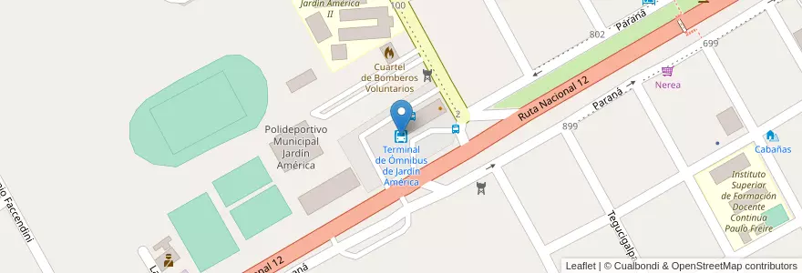 Mapa de ubicacion de Terminal de Ómnibus de Jardín América en アルゼンチン, ミシオネス州, Departamento San Ignacio, Municipio De Jardín América.