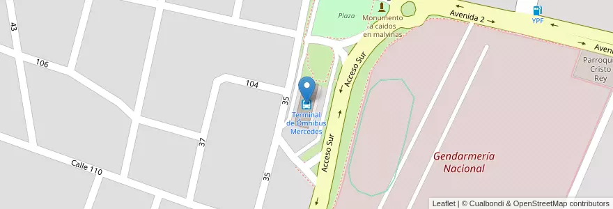Mapa de ubicacion de Terminal de Ómnibus Mercedes en 아르헨티나, 부에노스아이레스주, Partido De Mercedes, Mercedes.