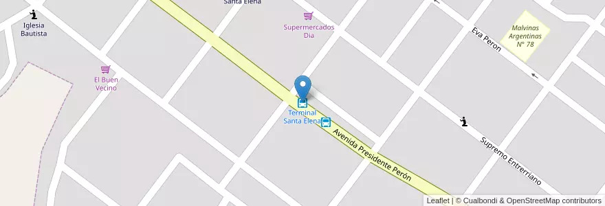 Mapa de ubicacion de Terminal Santa Elena en アルゼンチン, エントレ・リオス州, Departamento La Paz, Distrito Feliciano, Santa Elena, Santa Elena.