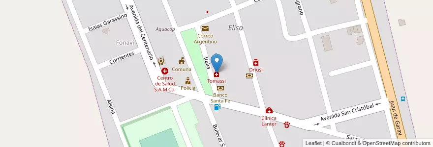 Mapa de ubicacion de Tomassi en Arjantin, Santa Fe, Departamento Las Colonias, Municipio De Elisa, Elisa.