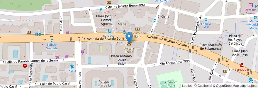 Mapa de ubicacion de Unicaja Banco en Espanha, Andaluzia, Málaga, Costa Del Sol Occidental, Marbella.