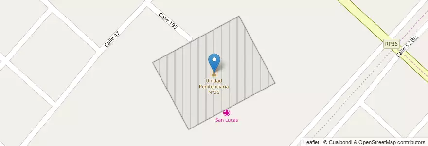 Mapa de ubicacion de Unidad Penitenciaria N°25, Lisandro Olmos en アルゼンチン, ブエノスアイレス州, Partido De La Plata, Lisandro Olmos.