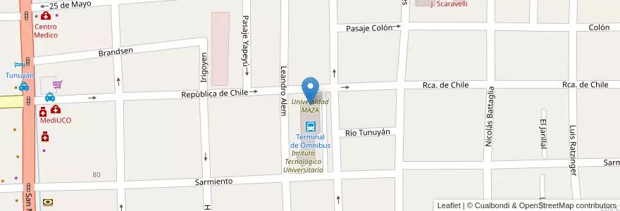Mapa de ubicacion de Universidad MAZA en Arjantin, Şili, Mendoza, Departamento Tunuyán, Distrito Ciudad De Tunuyán.