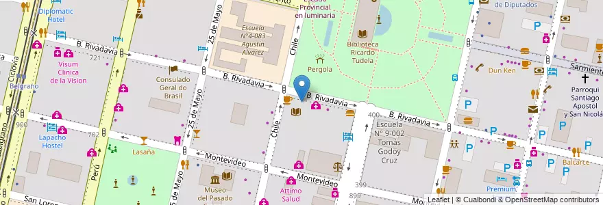Mapa de ubicacion de Universidad Maza - Delegacion centro en Argentina, Chile, Mendoza, Departamento Capital, Sección 2ª Barrio Cívico, Ciudad De Mendoza.