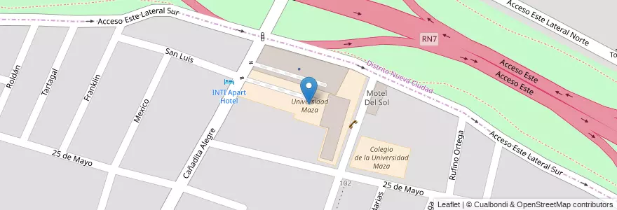 Mapa de ubicacion de Universidad Maza en آرژانتین, شیلی, Mendoza, Departamento Guaymallén, Distrito Nueva Ciudad.