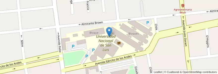 Mapa de ubicacion de Universidad Nacional de San Luis en アルゼンチン, サンルイス州, Juan Martín De Pueyrredón, Municipio De San Luis, San Luis.